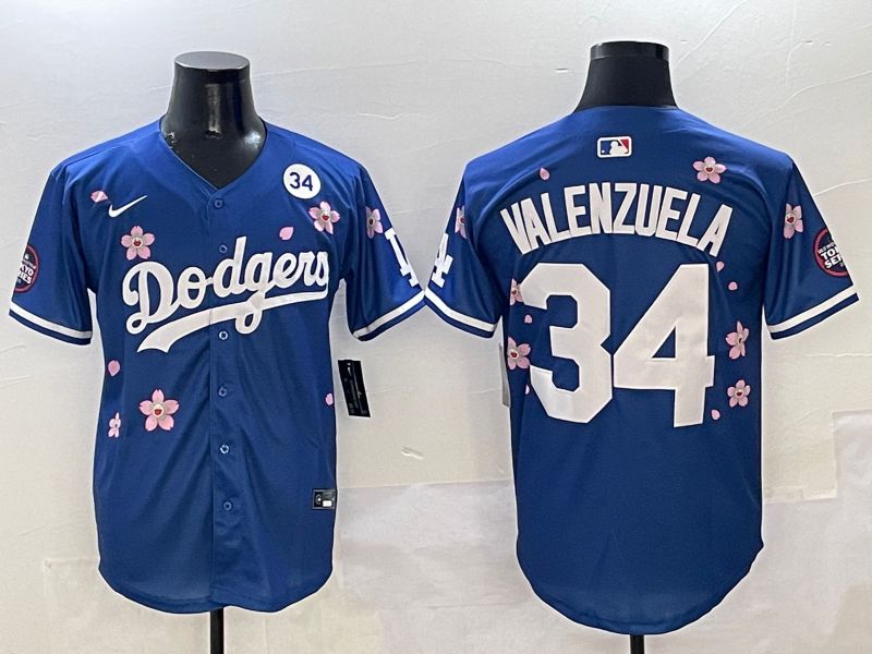 Men Los Angeles Dodgers 34 Valenzuela Blue Sakura Edition 2025 Nike MLB Jersey style 7